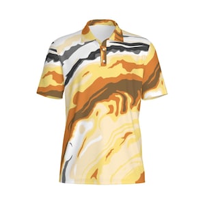 May include: A short-sleeved polo shirt with a unique abstract pattern in shades of yellow, orange, brown, white, and black. The shirt has a classic collar and a three-button placket.
