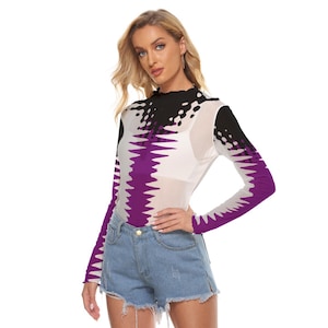 May include: A sheer long-sleeved shirt with a black and purple abstract print. The shirt is made of a lightweight, breathable fabric and has a mock neck.