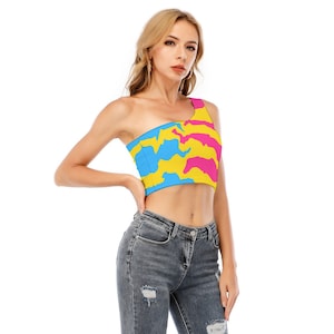 Pansexual Pride One-Shoulder Cropped Top, Poured Paint Colors of Pansexual Pride Flag, LGBT Clothing, Gift for Pansexual