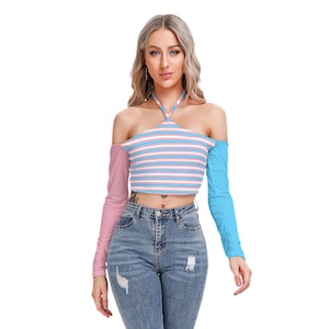 Transgender Pride halterneck cropped top off the shoulder long sleeves Hoops Design from Transgender Pride Flag Gift for Transgender Person