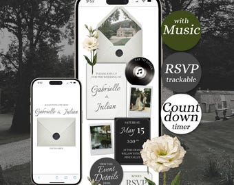 Szablon zaproszenia ślubnego Noir Save-the-Date w serwisie Canva. Cyfrowe zaproszenie z RSVP, muzyką i kwiatowym zaproszeniem. Minimalistyczna strona zaręczynowa.