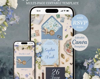 Ethereal Blue Wedding Website. Szablon Canva, cyfrowe zaproszenie z RSVP. Karty Save the Date.