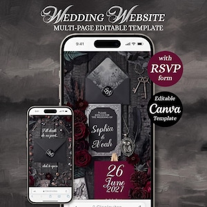 Sito web per matrimonio gotico: template Canva modificabile. Invito digitale con motivi floreali neri e neri e pagina di conferma di partecipazione (RSVP).