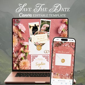May include: A laptop and smartphone display a wedding invitation template. The laptop shows a mock-up with photos, an envelope, and rings. The smartphone displays an email with an envelope. The text reads "Save The Date" and "Canva Editable Template".