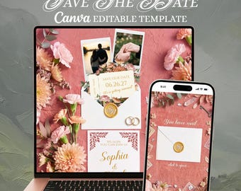Wedding Save The Date: Editable Canva website template. Elegant filigree Digital Invite with RSVP