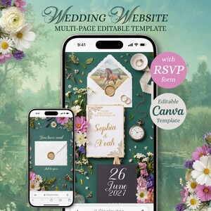May include: A multi-page wedding website editable template displayed on two smartphones. The screen shows a dark green background with floral arrangements, a horse illustration on an envelope, a wedding invitation for Sophia and Noah, and a date.