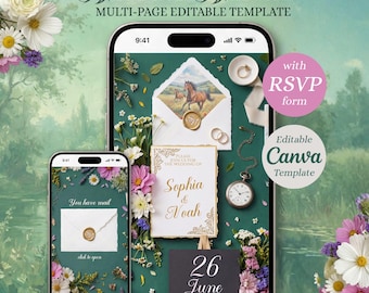 Personalizowany szablon Canva na stronę ślubną. Cyfrowe zaproszenie Mystic Green Flower z RSVP (do pobrania)