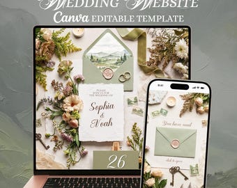 Luxury Sage Wedding Website with RSVP. Canva Floral Invitation Template. Digital Save The Date Cards.