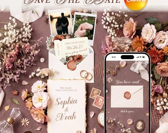 Digital Invite Wedding Save The Date, Canva Template. Floral Stationery Invitation Suite