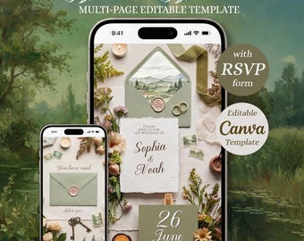 Strona internetowa ślubu: Edytowalny szablon Canva. Elegancka strona z cyfrowymi zaproszeniami Terra z funkcją zarządzania gośćmi RSVP.