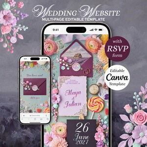 May include: A multi-page wedding website template displayed on two smartphones, featuring editable Canva designs with floral accents, a purple envelope, a wax seal, a wedding invitation for Maya and Julian, and the date 26 June 2027 with an RSVP form.