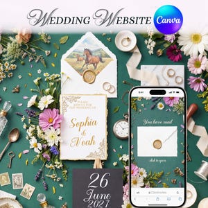 May include: A wedding invitation suite with floral arrangements, rings, and a smartphone displaying a wedding website. The invitation card reads "Sophia & Noah" and "26 June 2021". The image includes the text "Wedding Website Canva".