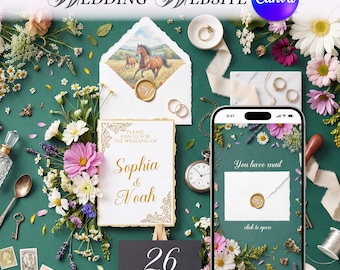Customizable Wedding Website Canva Template. Mystic Green Flower Digital Invitation with RSVP (Digital Download)