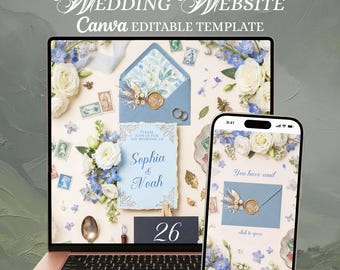Ethereal Blue Wedding Website. Canva Template Digital Invitation with RSVP. Save The Date Cards.