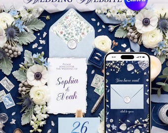 Wedding Website: Editable Canva Template. An elegant frost Digital Invitation page with RSVP Guest Management.