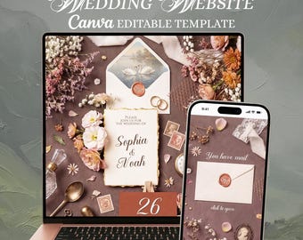 Elegant Sienna Wedding Website with Details/RSVP. Canva Digital Invite Template. Interactive Envelope Invitation.