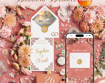 Wedding Website: Editable Canva Template. An elegant filigree Digital Invitation page with RSVP Guest Management.