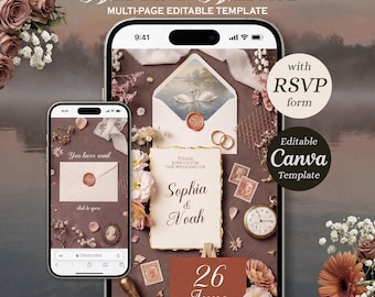 Elegancka strona internetowa ślubu w Sienie ze szczegółami i RSVP. Szablon zaproszenia cyfrowego Canva. Interaktywne zaproszenie w kopercie.