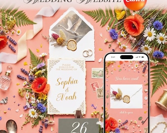 Wedding Website: Editable Canva Template. Garden grace Digital invitation page with RSVP Guest Management.