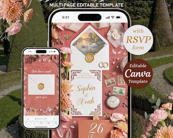 Strona internetowa ślubu: Edytowalny szablon Canva. Elegancka, filigranowa strona z cyfrowym zaproszeniem i funkcją zarządzania gośćmi RSVP.