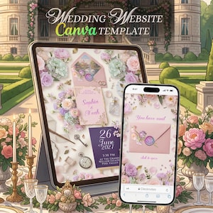 May include: A digital wedding website Canva template displayed on a tablet and smartphone. The screen shows floral graphics, a pink envelope with a wax seal, and text including "Wedding Website Canva Template," "Sophia & Noah," and "26 June 2027."