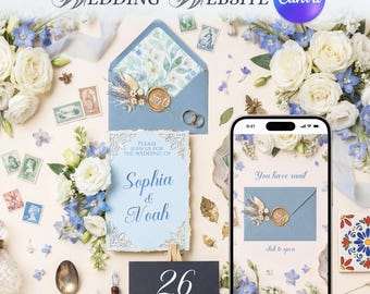 Wedding Website: Editable Canva Template. Serene cloud Digital Invitation page with RSVP Guest Management.