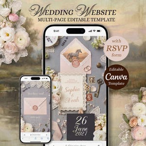 Canva-sjabloon met kantthema trouwwebsite bewerkbare digitale uitnodiging met RSVP-details