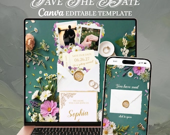 Wedding Save The Date: Editable Canva website template. Elegant filigree Digital Invite with RSVP