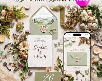 Wedding Website: Editable Canva Template. An elegant terra Digital Invitation page with RSVP Guest Management.