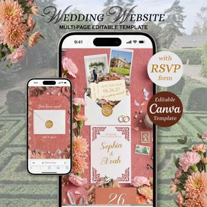 May include: A multi-page editable wedding website template displayed on two smartphones. The design features a dusty rose background with floral accents, an envelope with a wax seal, a save the date card, and a wedding invitation for Sophia and Noah.