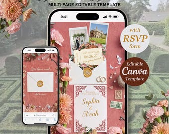 Ślubne „Zapisz datę”: Edytowalny szablon strony internetowej Canva. Eleganckie, filigranowe zaproszenie cyfrowe z RSVP.