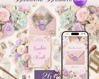 Wedding Website: Editable Canva Template. Fairytale bliss Digital Invitation page with RSVP Guest Management.