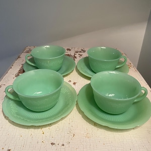 Set of Four Fire King Jadeite Alice Cups and Saucers