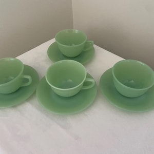 Fire King Jadeite Jane Ray Cup and Saucer, Set of Four, Manufactured between 1951 and 1960
