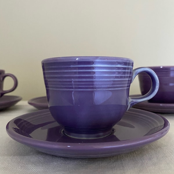 Set of Four Homer Laughlin Lilac Fiestaware Teacups and Saucers, Discontinued Color, Never Used, Mint Condition