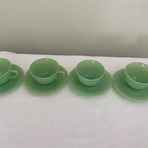 Fire King Jadeite Jane Ray Cup and Saucer, Set of Four, Manufactured between Mid 1940’s to Early 1950’s