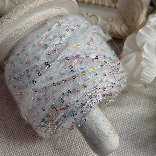 Snow White Mohair with colorful sequin Yarns, 45gr/400m weaving, crochet & craft,4 ply mixed yarn,novelty yarn/DIY/Art