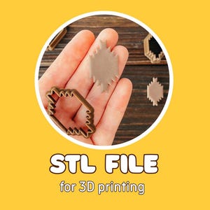 May include: A hand holds a brown geometric cookie cutter and a tan cookie. The text "STL FILE for 3D printing" is displayed in a yellow circle.