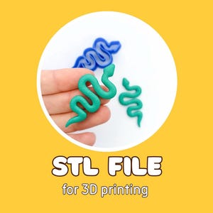 May include: A close-up of three small, green, snake-shaped objects, one held in a hand. A blue outline of a snake is also visible. The text "STL FILE for 3D printing" is displayed on a yellow background.