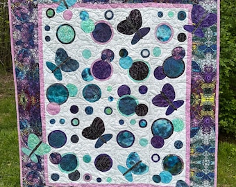 Handmade Butterfly Quilt – Cotton Batik Applique, Blue Purple Wall Hanging