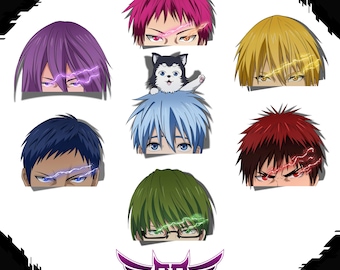 Può includere: Ritratti di personaggi in stile anime con vari colori di capelli, tra cui viola, rosa, blu e verde. Ogni ritratto si concentra sugli occhi e sulla parte superiore del viso, con disegni a forma di fulmine. È presente anche un piccolo cane husky.