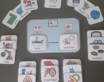 May include: A visual schedule for children with images of activities like bath time, bedtime, brushing teeth, and playing with toys. The schedule is divided into "Now" and "Next" sections.