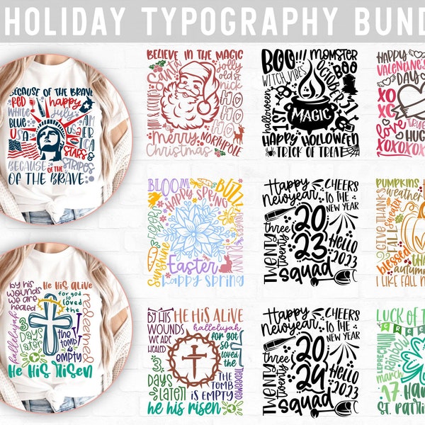 Holiday Typography Svg Bundle, Christmas svg, Thanksgiving, Halloween svg, Valentines day svg, St. Patricks, Fourth of July, Typography