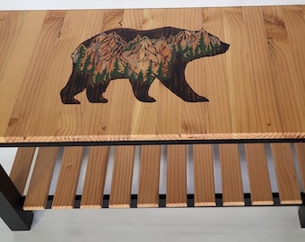 Rustic Bear Forest Scene Bench with Shoe Storage, Solid Wood Epoxy Cabin Furniture