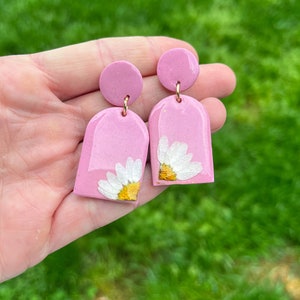 Pink Pressed Flower boho round arch Earrings | Boho Earrings | Summer Earrings