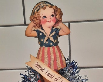Vintage Style 4th of July Assemblage Decoration, Handmade, Patriotic Liberty Girl on block, Americana,Independence Day, Red,White,Blue decor