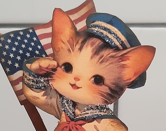 Vintage Style 4th of July Assemblage Decoration, Handmade, Cute Patriotic Cat on block, Americana, Independence Day, Red, White & Blue decor