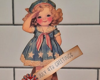 Vintage Style 4th of July Assemblage Decoration, Handmade, Cute Patriotic Girl on block, Americana, Independence Day, Red, White, Blue decor