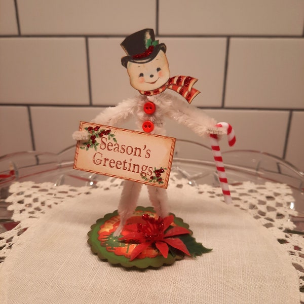 Vintage Style Christmas Snowman Chenille Figure, Handmade, Vintage Christmas Image, Cute Christmas Decoration, Christmas Assemblage