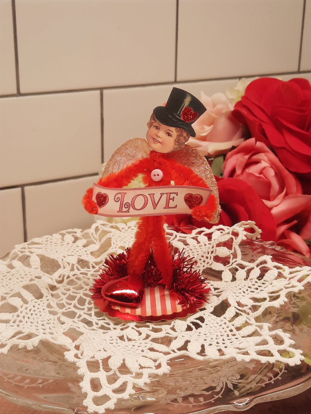 Vintage Style Valentine Chenille Cupid, Handmade, Vintage Valentine